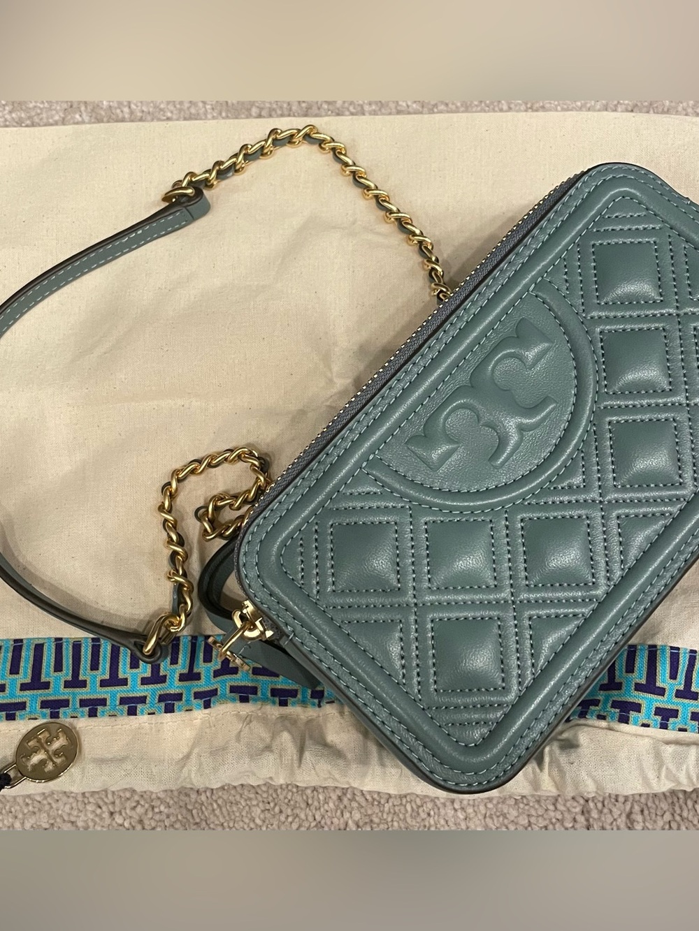 MOVING SALE TODAY ONLY Tory Burch Double Zip Mini Flemming in arctic w dust bag